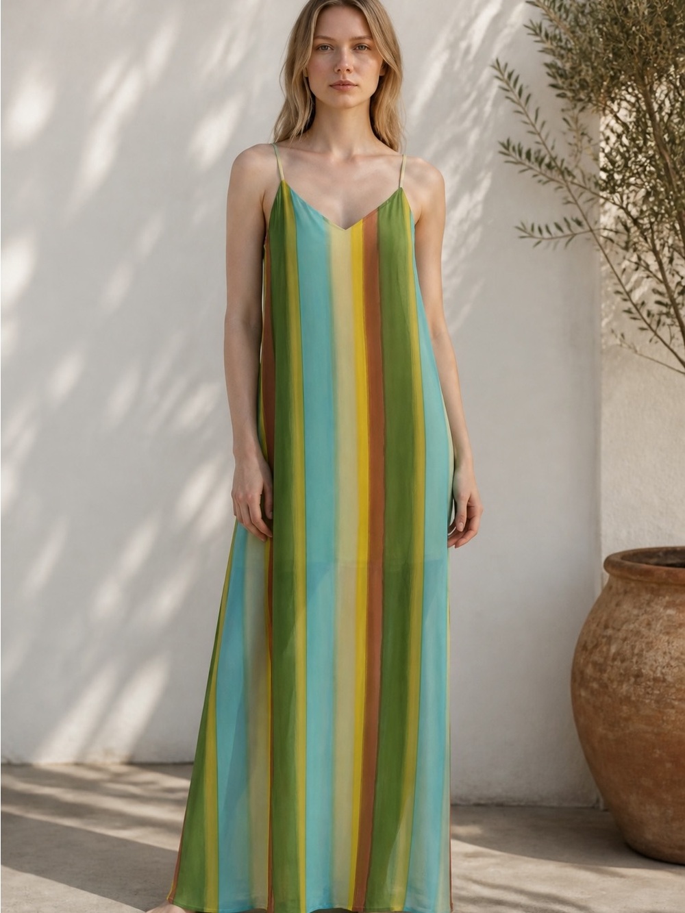 Striped V-Neck Maxi Slip Dress in Green & Aqua
